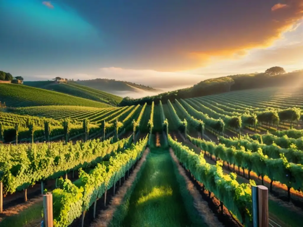 Vibrante viñedo orgánico y biodinámico premium al atardecer