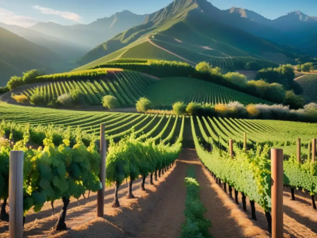 Vibrante viñedo orgánico en Nuevo Mundo, con uvas maduras bajo el sol y montañas al fondo