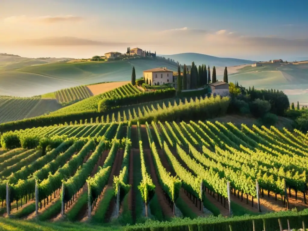 Vibrante viñedo en la Toscana al atardecer, ideal para las Rutas del Vino en Europa