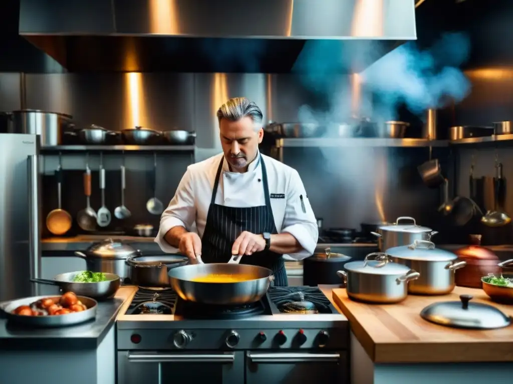 Vida íntima de un chef en un caótico pero organizado escenario de cocina, rodeado de utensilios brillantes, creando arte culinario