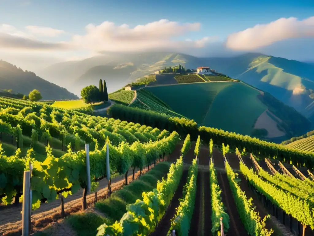 Viñedo de alta altitud: filas de uvas en un paisaje montañoso, influencia altitud vinos sabor