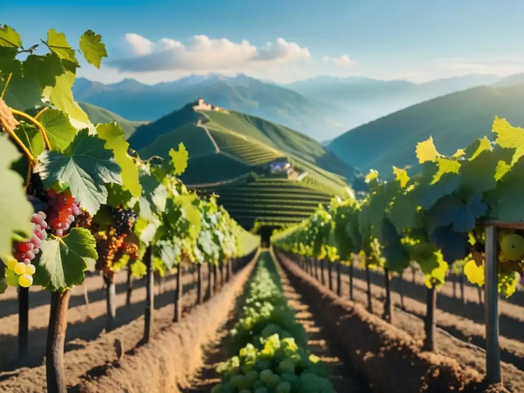 Viñedo de alta altitud entre majestuosas montañas nevadas, influencia altitud vinos sabor