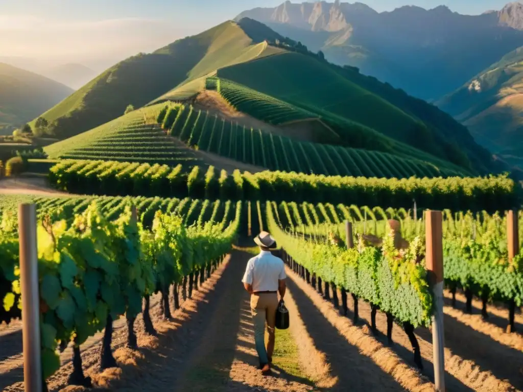 Viñedo de montaña al atardecer con influencia altitud vinos sabor