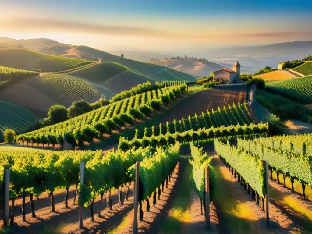 Viñedo al atardecer en Nuevo Mundo, con uvas maduras y colinas doradas