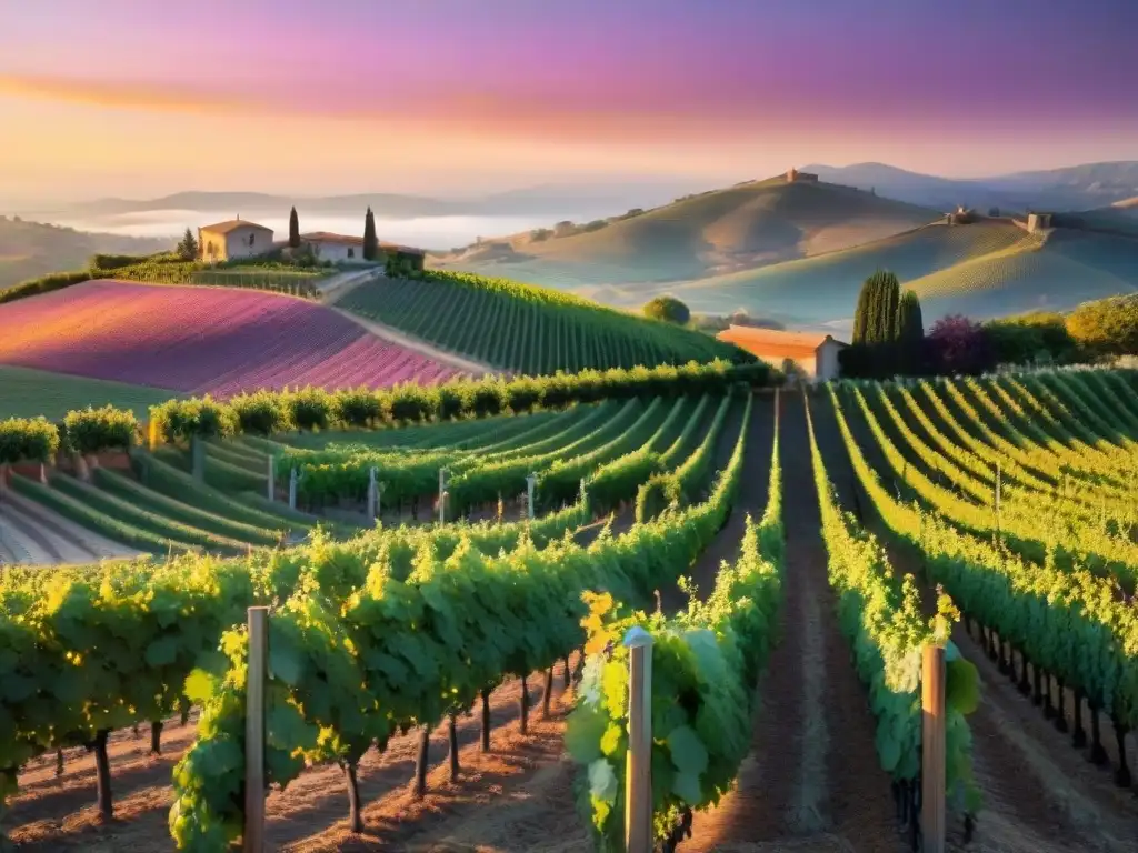 Viñedo al atardecer con uvas autóctonas en Nuevo Mundo, bañado por la cálida luz del sol poniente