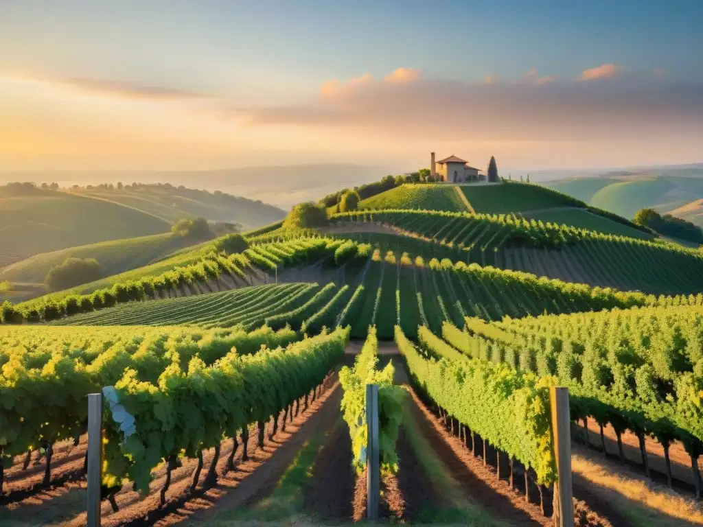 Un viñedo al atardecer, con uvas maduras y coloridas