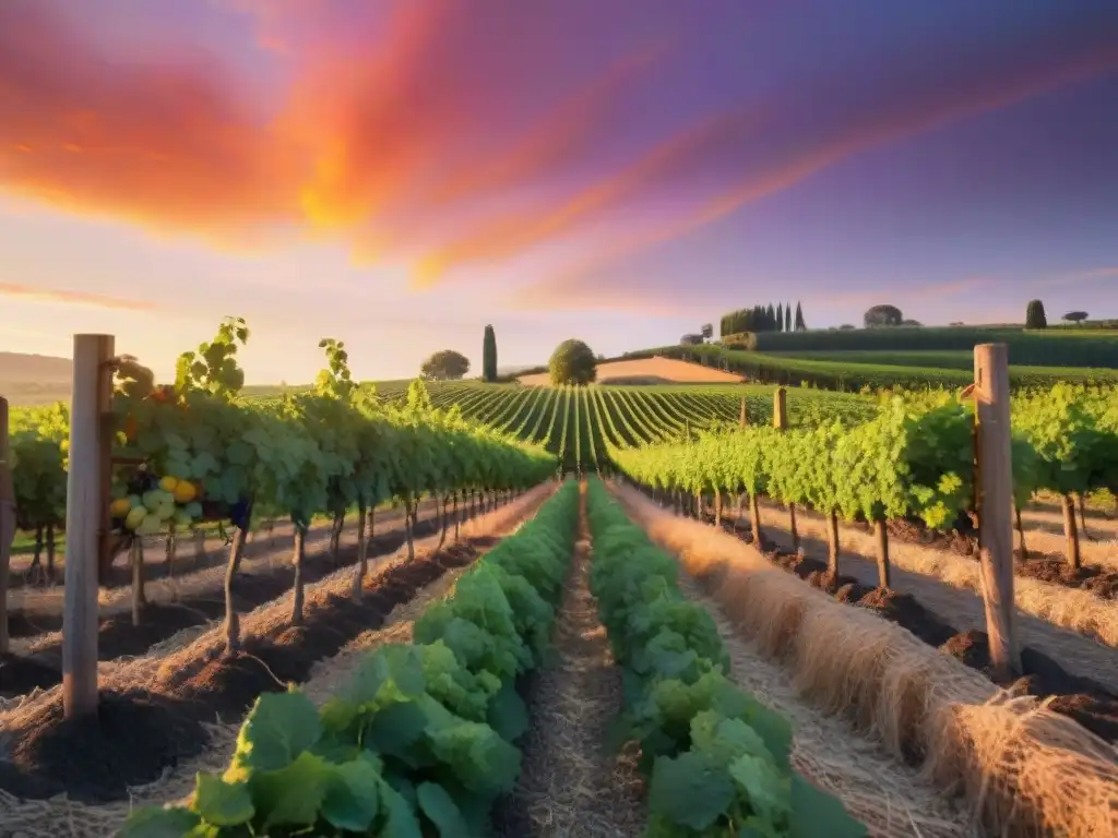 Un viñedo naranja al atardecer, con vides cargadas de naranjas y un cielo cálido