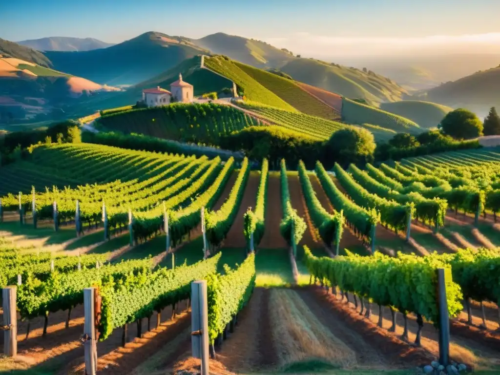 Viñedo al atardecer con vides naranjas cargadas de fruta madura y bodega tradicional