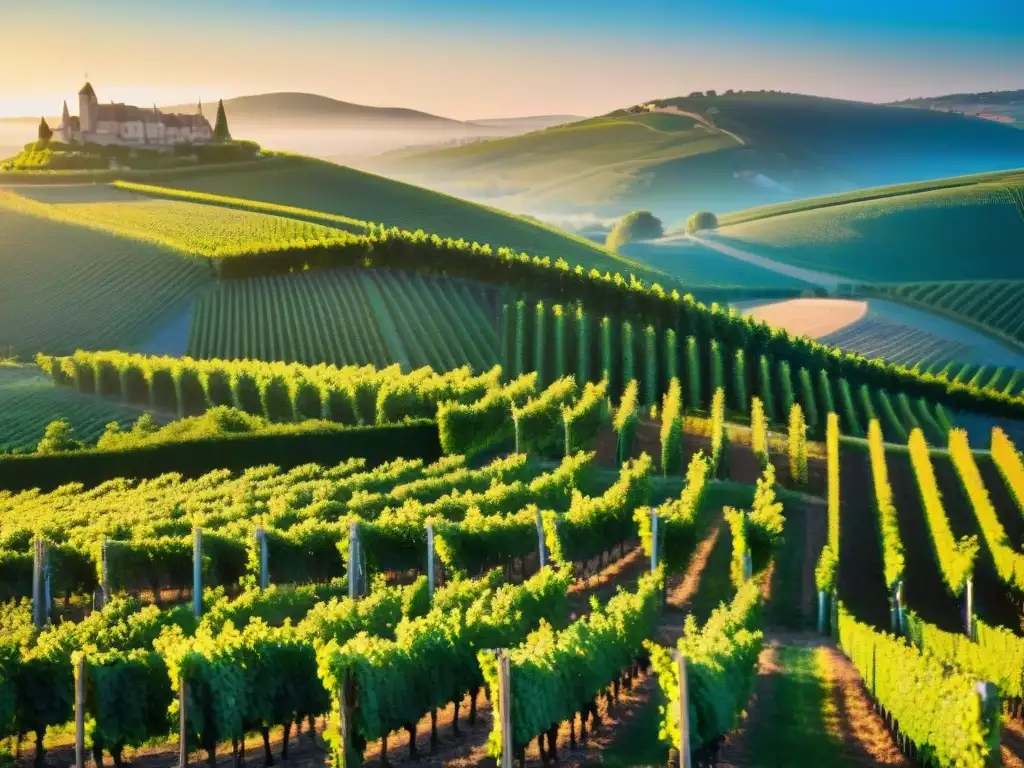 Viñedo de champán en Francia al atardecer, con chateau y viñedos