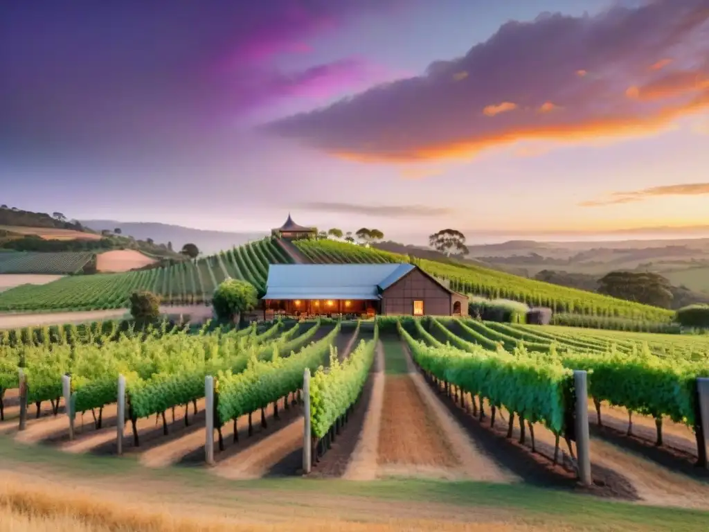 Un viñedo australiano al atardecer con un encantador edificio de bodega entre las vides