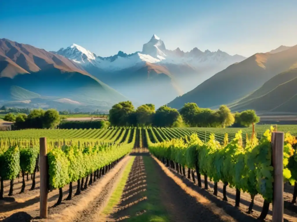 Un viñedo bañado por el sol en Chile o Argentina, con la majestuosa cordillera de los Andes de fondo