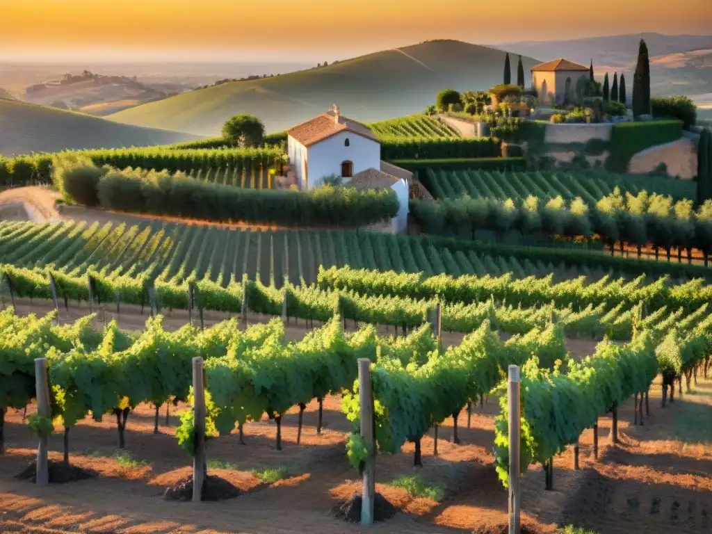 Un viñedo bañado por el sol al atardecer, con uvas naranjas brillantes y una bodega tradicional al fondo