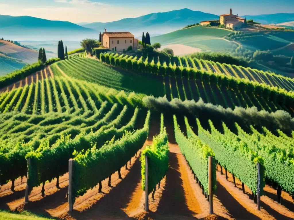 Un viñedo bañado por el sol en las colinas de la Toscana con uvas maduras listas para la vendimia