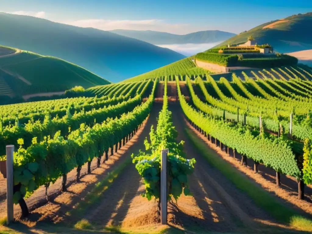 Un viñedo bañado por el sol con filas de uvas verdes, detalladas y exuberantes, en un escenario de colinas y cielo azul