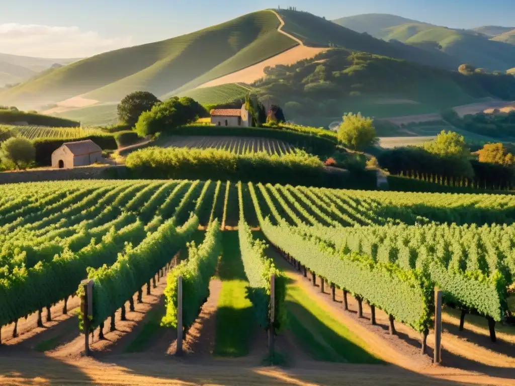 Un viñedo bañado por el sol con filas de uvas verdes y maduras, y al fondo, bodegas de vino prestigiosas