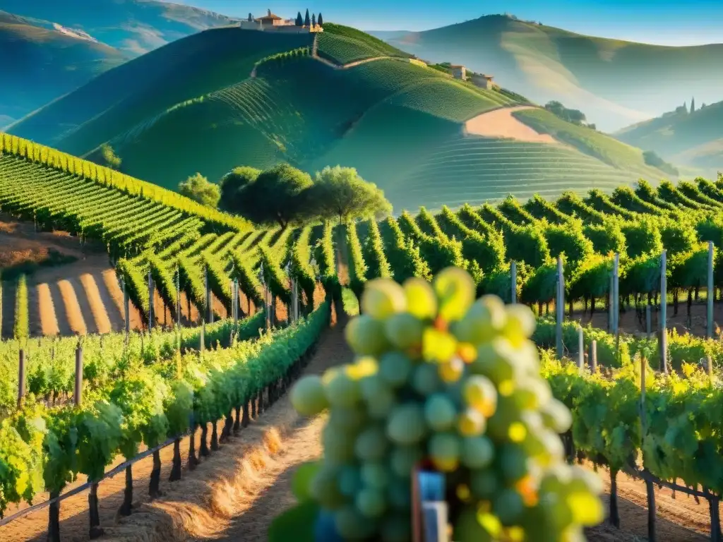 Un viñedo bañado por el sol en España con hileras de uvas maduras bajo la luz dorada, mostrando la tradición vinícola española