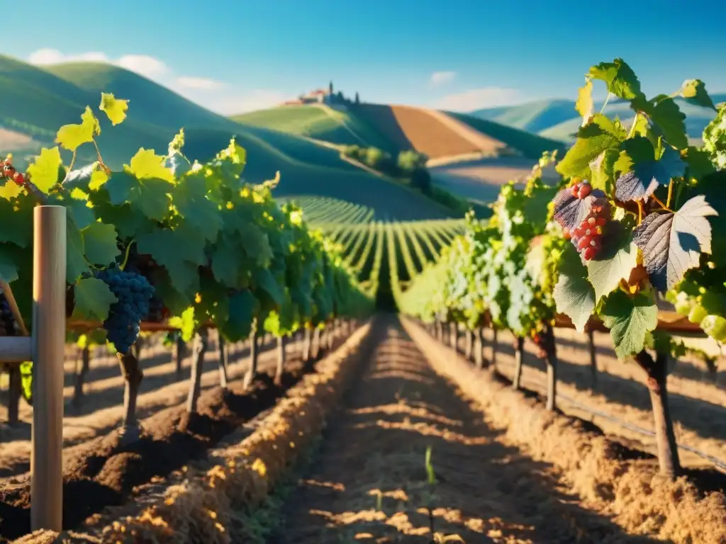 Un viñedo bañado por el sol en el Nuevo Mundo, con uvas maduras y un paisaje encantador