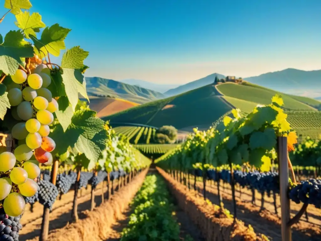 Un viñedo bañado por el sol en una región vinícola del Nuevo Mundo, con filas perfectamente alineadas de vides verdes cargadas de uvas maduras