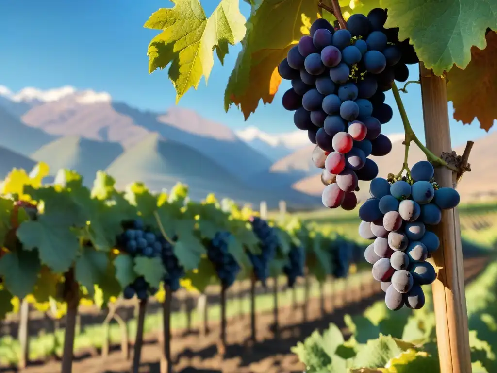 Un viñedo bañado por el sol en Mendoza, Argentina, con uvas maduras y los majestuosos Andes de fondo