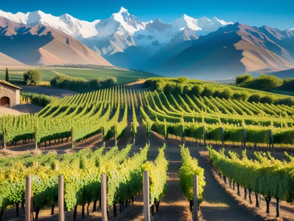 Un viñedo bañado por el sol en Mendoza, Argentina, con uvas maduras y los imponentes Andes de fondo