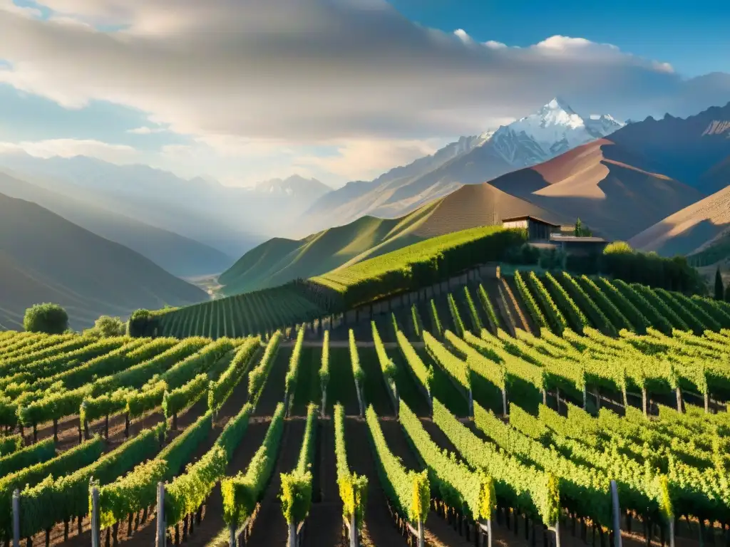 Un viñedo bañado por el sol en Mendoza, con uvas detalladas y los Andes de fondo