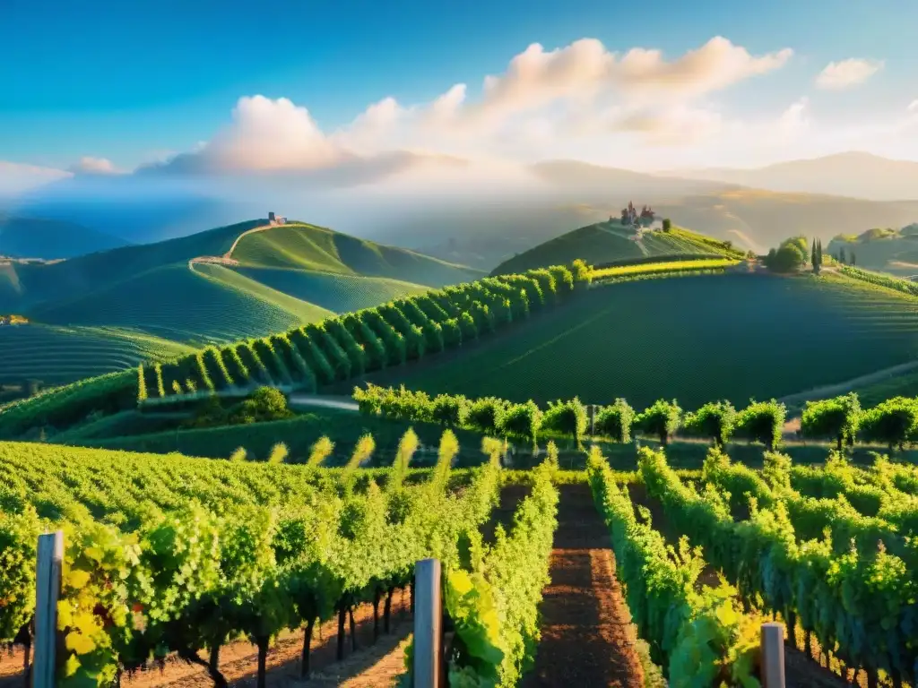 Viñedo bañado por el sol, con uvas maduras y montañas al fondo