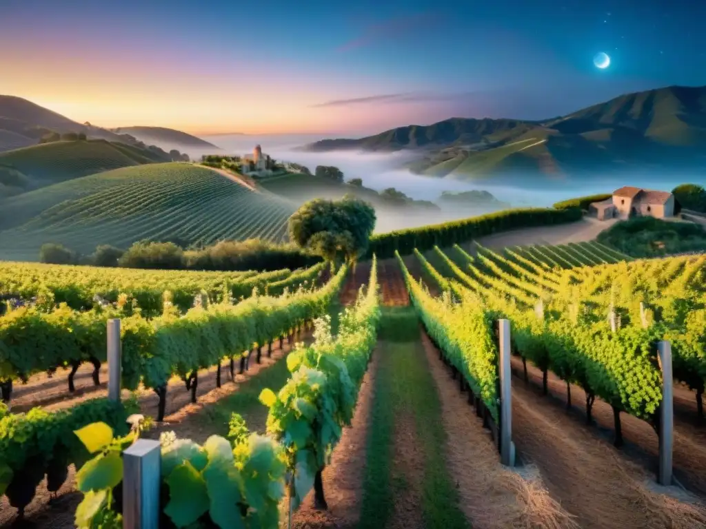 Viñedo biodinámico iluminado por la luna, uvas vibrantes y flores silvestres bajo un cielo estrellado