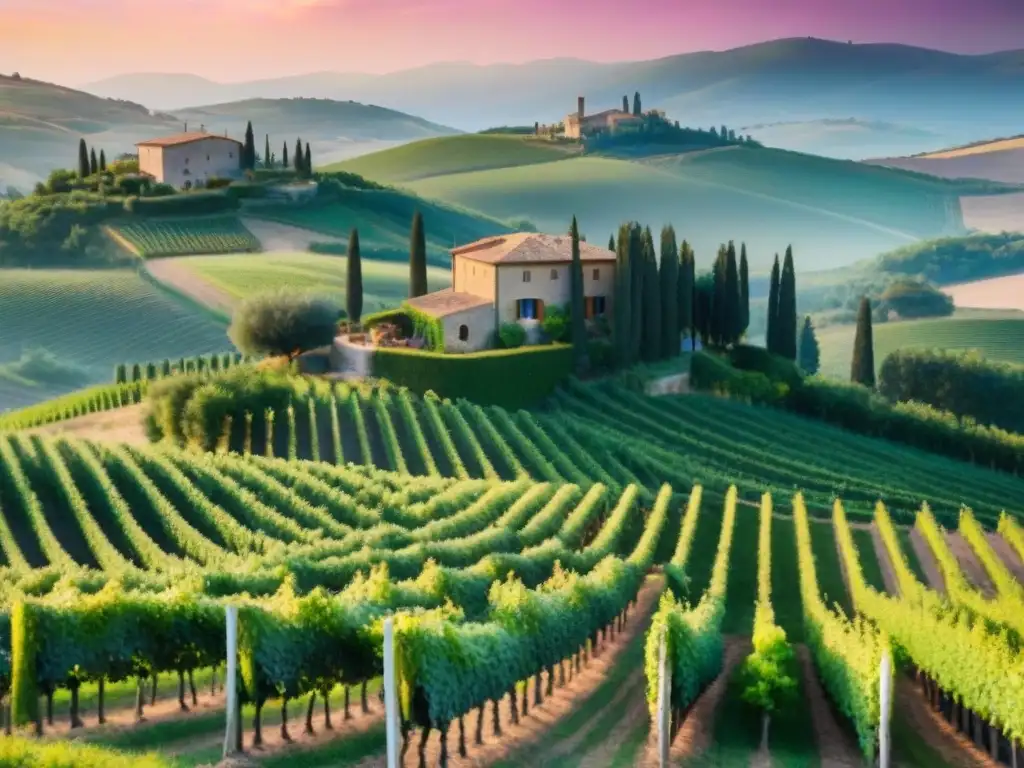 Un viñedo en las colinas de la Toscana al atardecer, con tonos dorados y cielo de colores cálidos