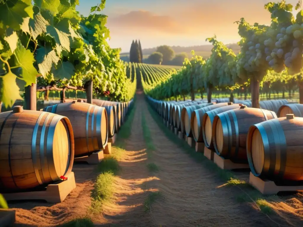 Viñedo europeo al atardecer con barricas de roble entre las vides