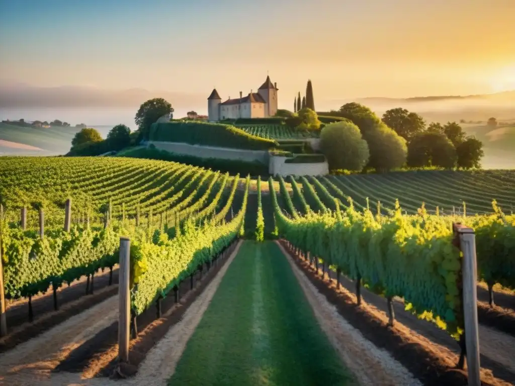 Viñedo europeo al atardecer con filas de uvas, un château histórico y el cálido resplandor dorado del sol