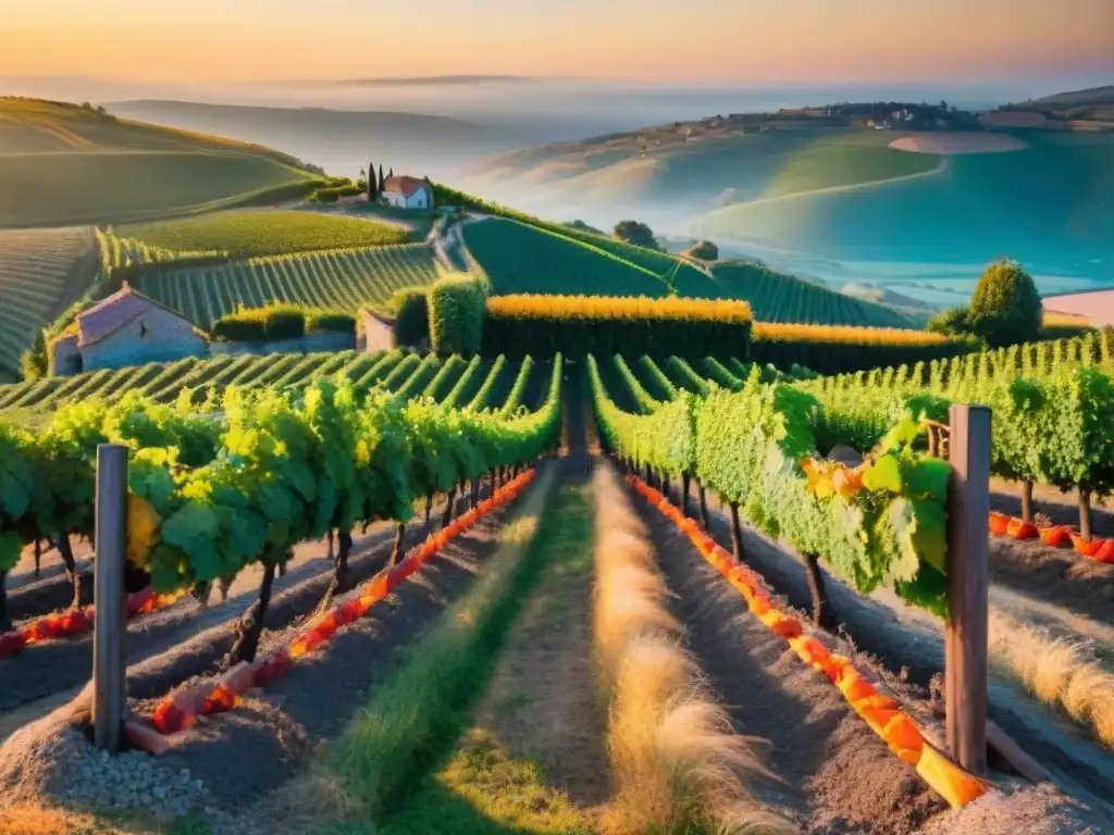 Viñedo europeo al atardecer con vinos naranja gourmet en idílica escena de colinas y bodega de piedra