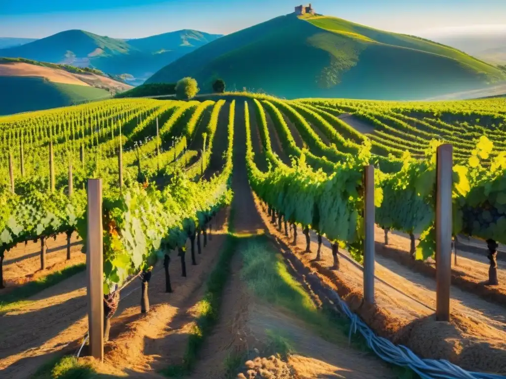 Un viñedo europeo bañado por el sol, con uvas naranjas y colinas verdes