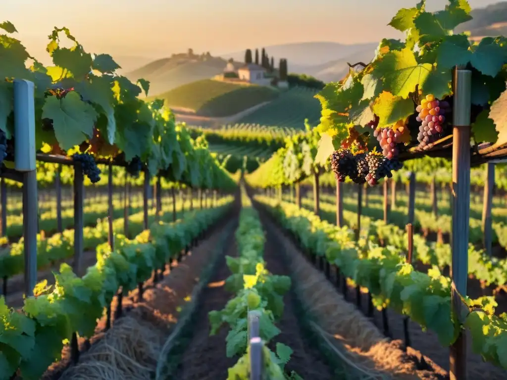 Un viñedo europeo centenario al atardecer, con vides antiguas y uvas moradas brillantes