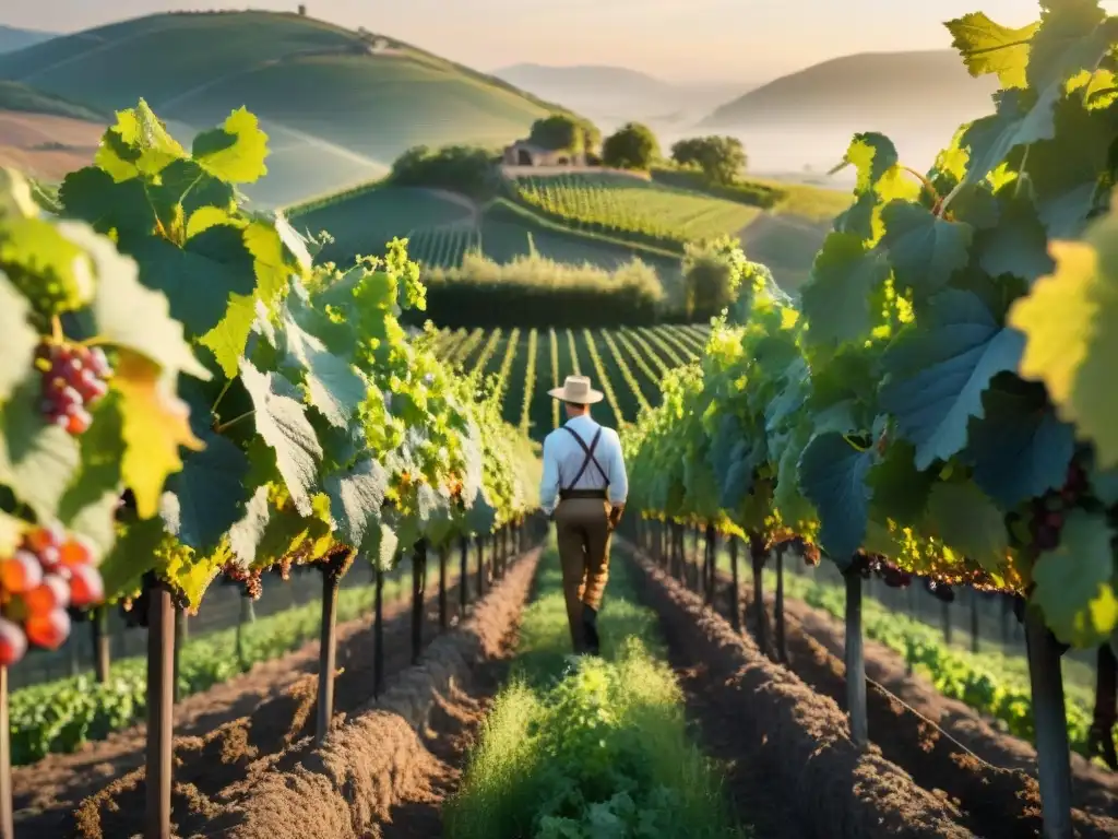 Un viñedo europeo exuberante al atardecer, con uvas orgánicas y cuidado meticuloso