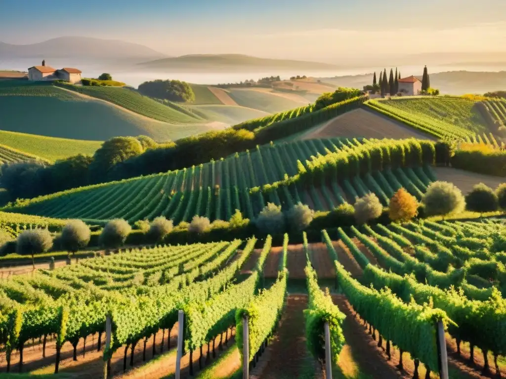 Un viñedo europeo exuberante al atardecer, con uvas verdes en colinas bajo un cielo dorado