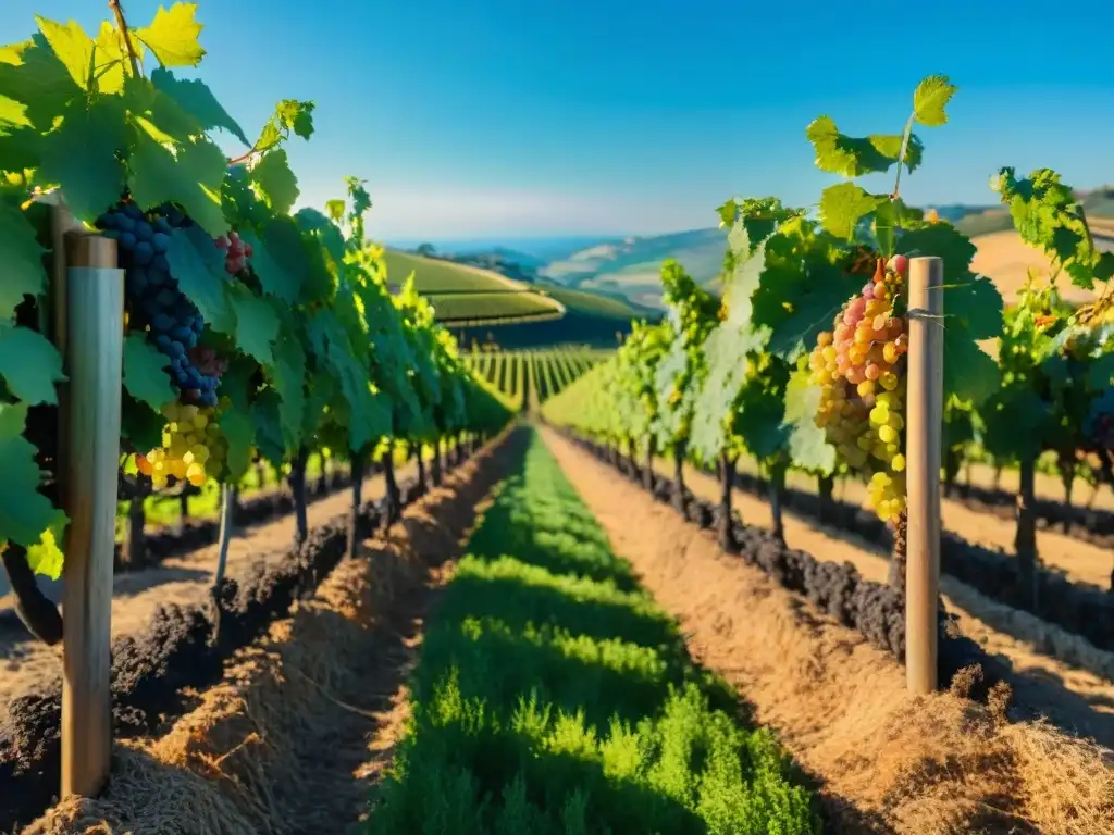 Un viñedo europeo exuberante bajo un cielo azul, con filas de uvas y un sol dorado