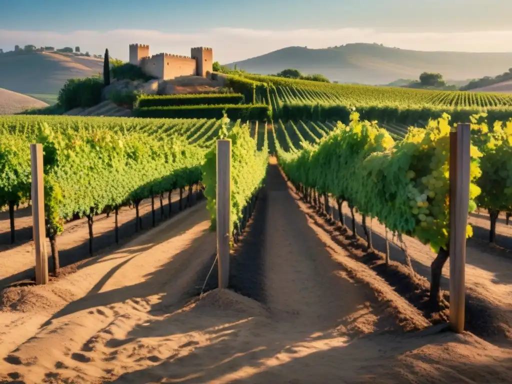 Viñedo europeo impactado por el cambio climático: tierra árida, uvas marchitas y castillo difuminado