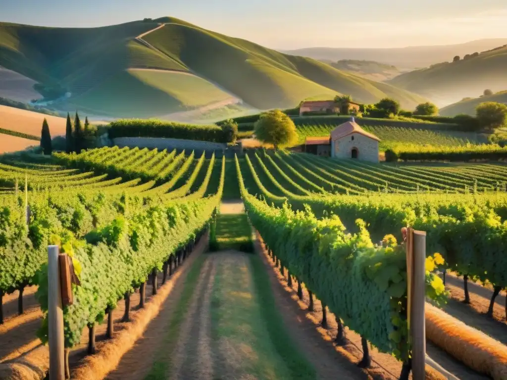 Un viñedo europeo pintoresco al atardecer, con filas de vides centenarias cargadas de uvas maduras