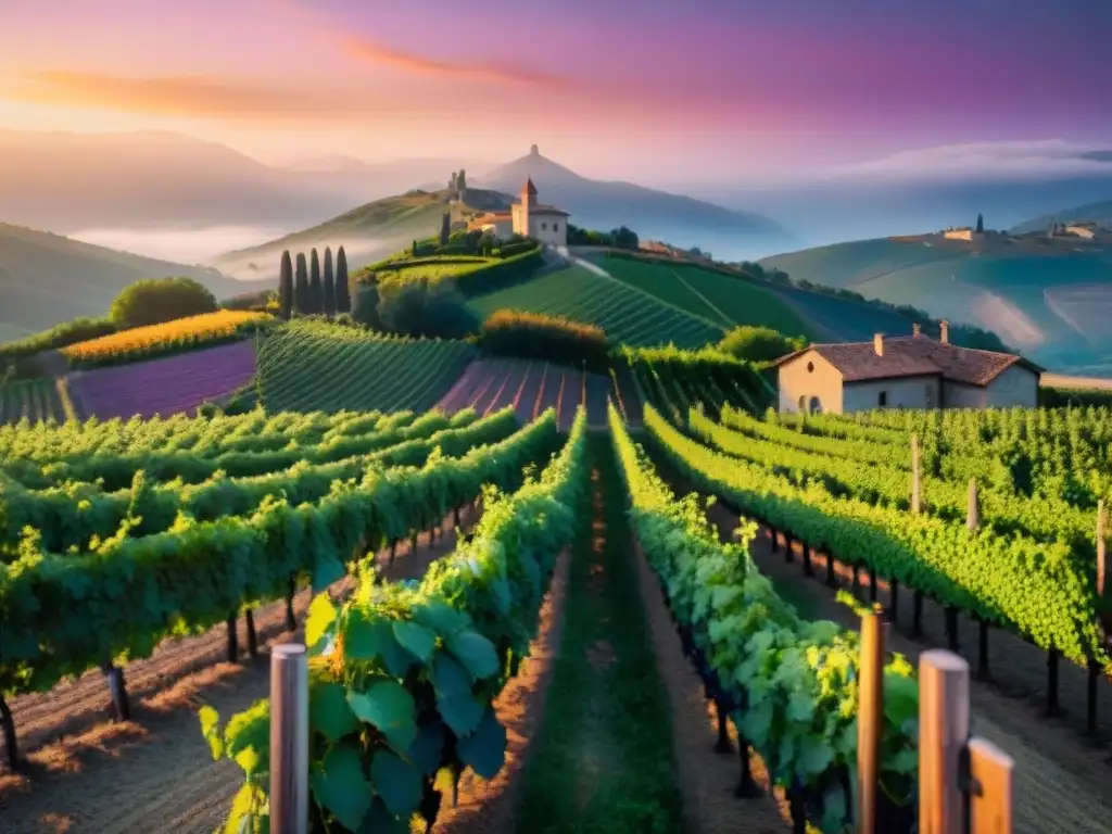 Un viñedo europeo pintoresco al atardecer con filas de uvas y un cielo cálido