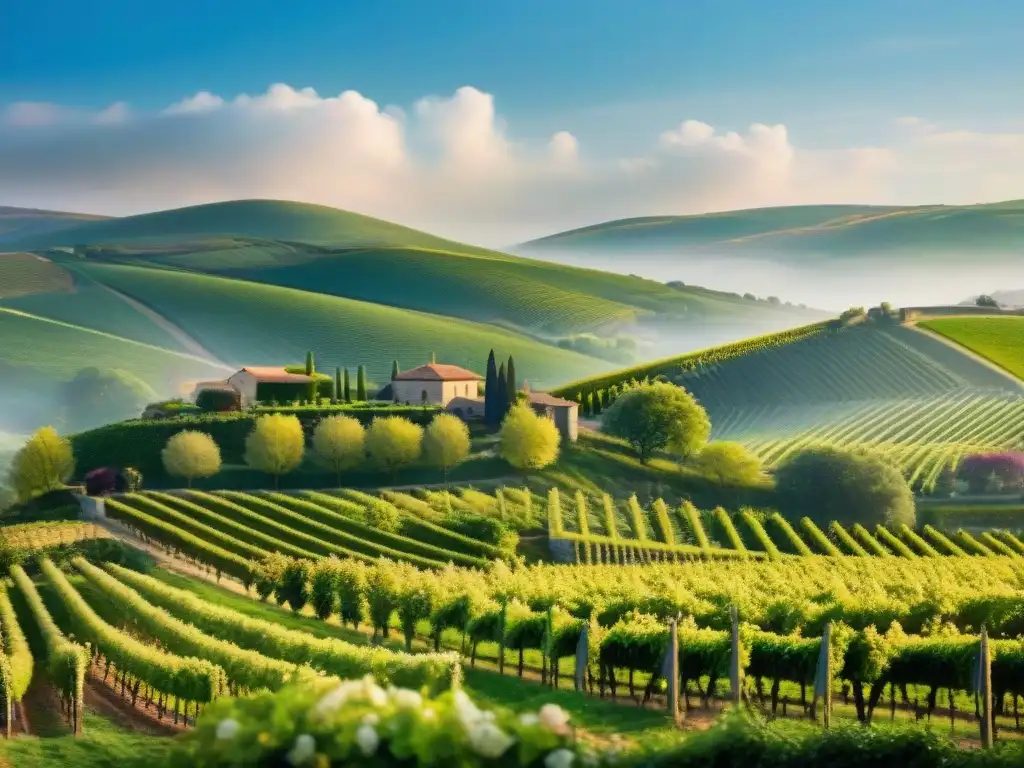 Un viñedo europeo en primavera, con colinas verdes, flores silvestres y una bodega de piedra