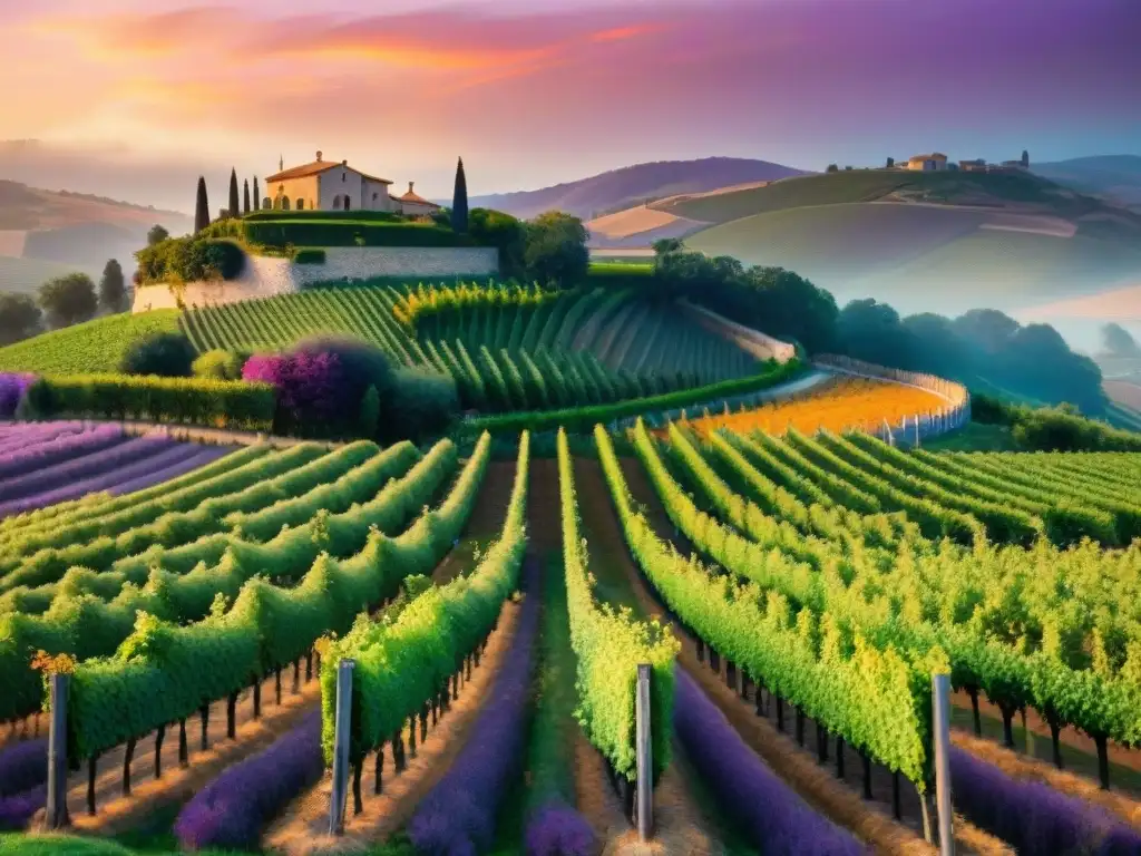 Un viñedo europeo rústico al atardecer, con filas de viñedos naranjas y una bodega de piedra