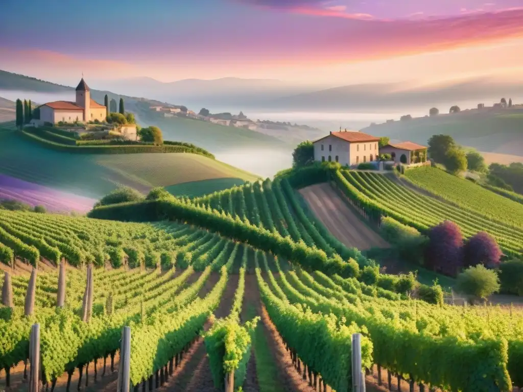 Viñedo europeo en vibrante atardecer, con uvas maduras bajo la cálida luz dorada