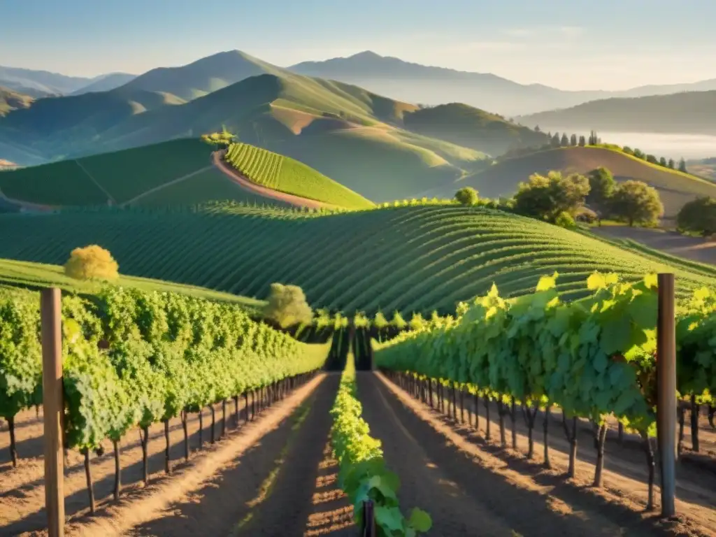 Un viñedo exclusivo en Napa Valley bañado por el sol, con filas de verde intenso y las montañas Mayacamas al fondo