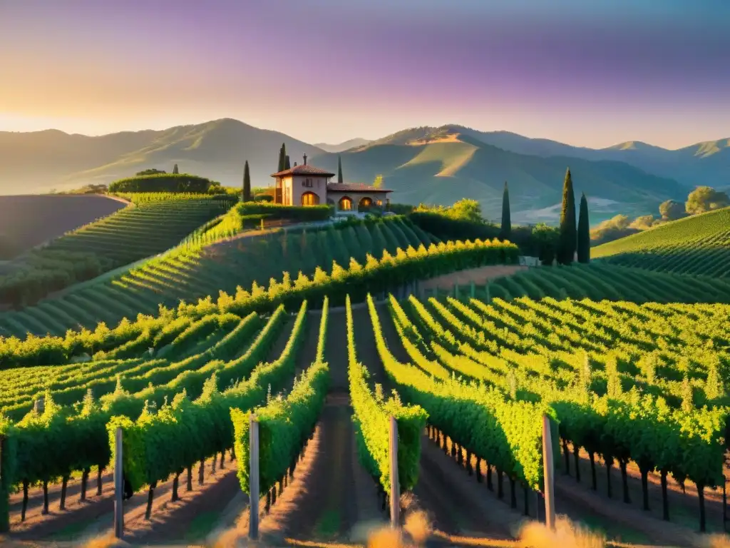 Un viñedo exclusivo en Napa Valley bañado por la cálida luz dorada del atardecer, con uvas púrpuras