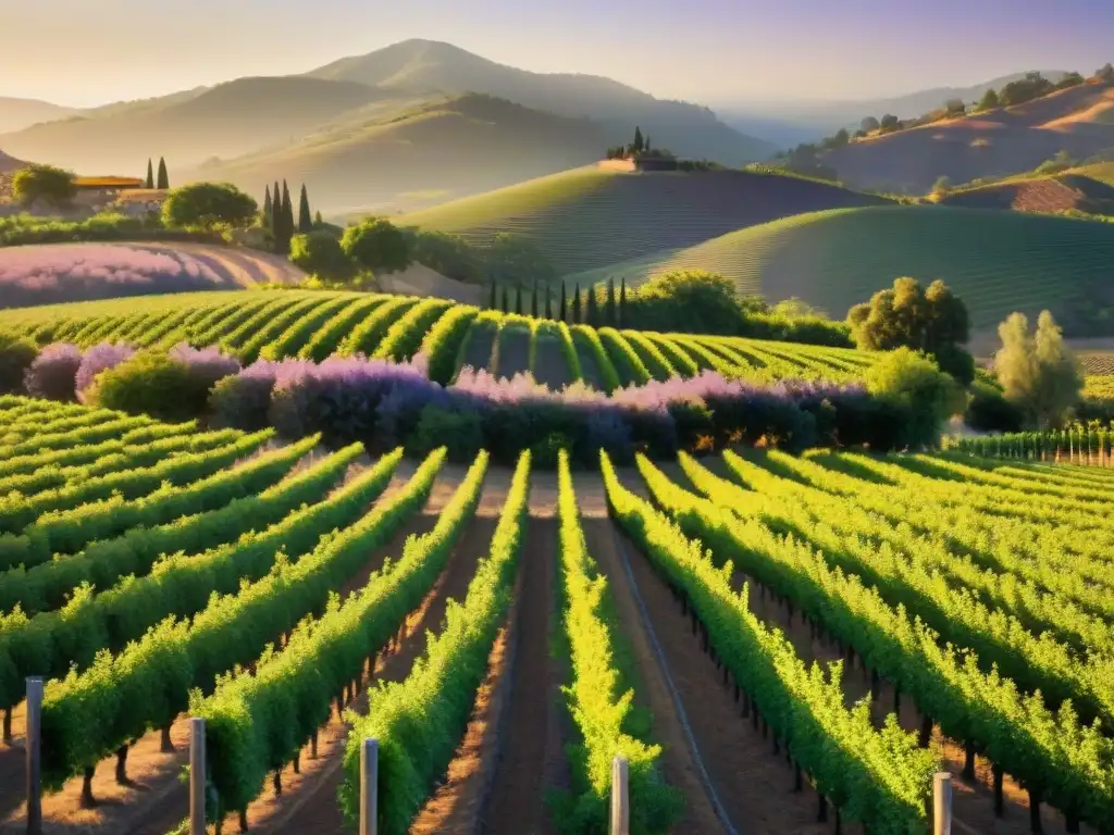 Un viñedo exclusivo en Napa Valley bañado por la luz dorada del atardecer, con hileras perfectas de uvas verdes