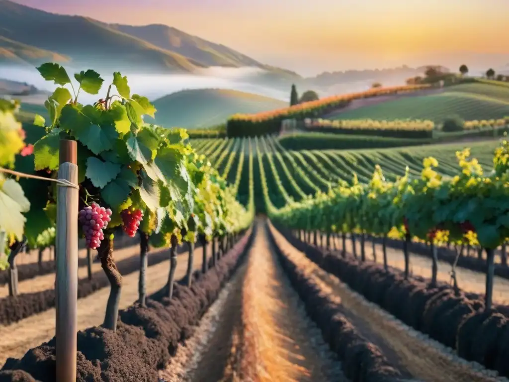 Un viñedo exquisito al atardecer, con hileras de uvas bajo un cielo pintado de tonos cálidos