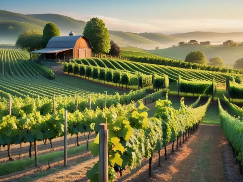 Viñedo exuberante al amanecer con vides verdes alineadas y un granero rústico al fondo