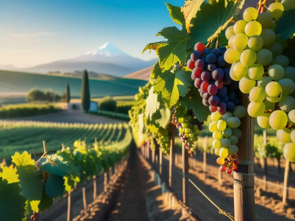 Un viñedo exuberante al atardecer en Chile o Argentina, con colores vibrantes del cielo y las vides verdes