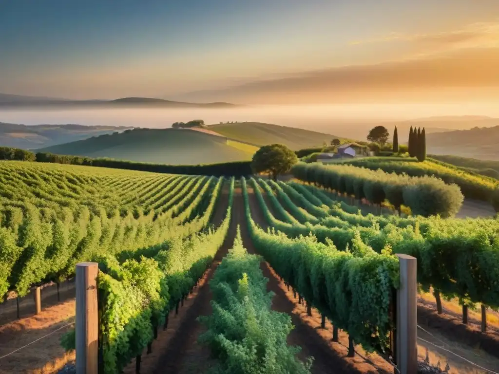 Un viñedo exuberante al atardecer, destilería de gin entre juníperos