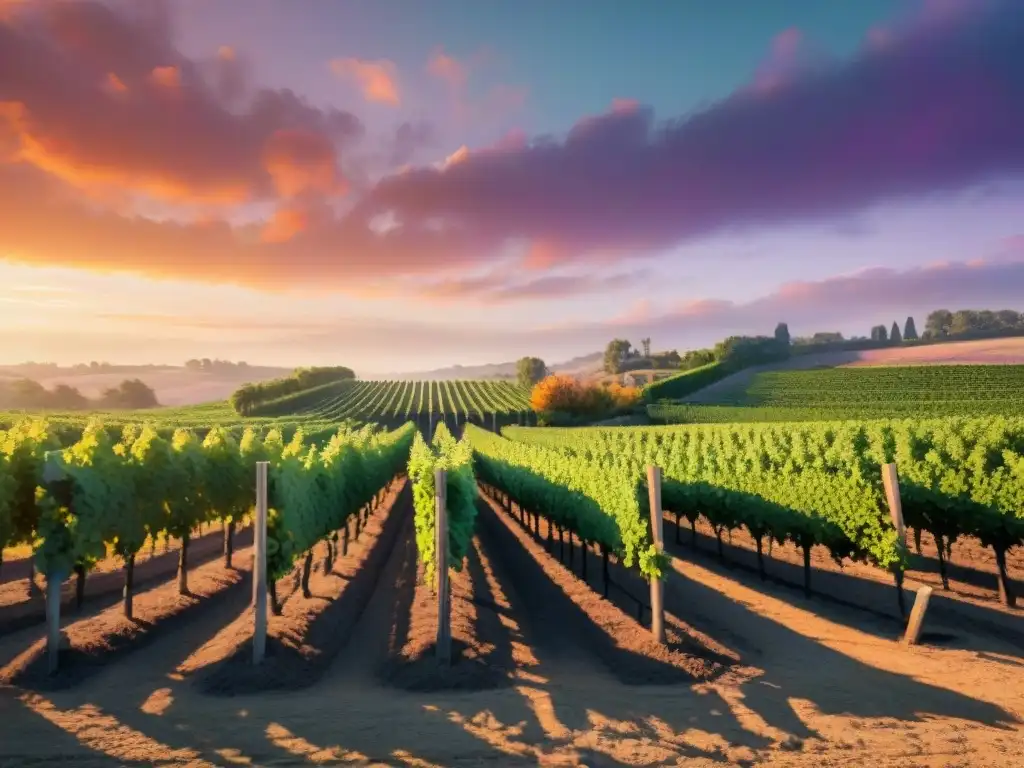 Un viñedo exuberante al atardecer con filas de vides verdes bajo un cielo pintado en tonos cálidos, en una escena hiperrealista